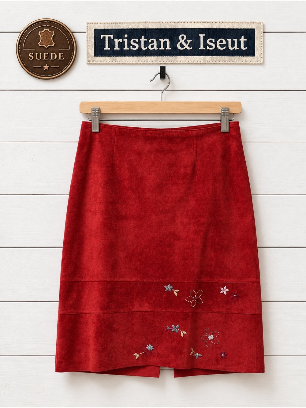 Tristan & Iseut Red Suede Embroidered Skirt Size 4
